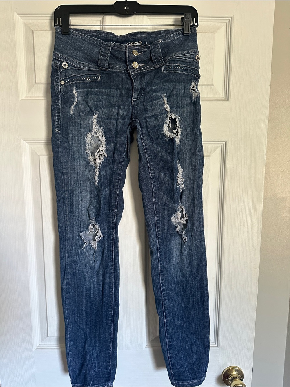 Womens Dark Blue Distressed Skinny Jeans